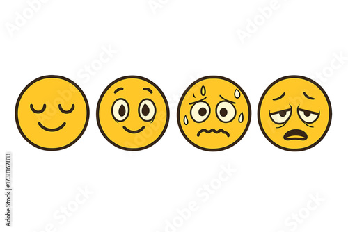 Mental health emotional spectrum concept. Emoji set from peaceful, hopeful to anxious, burnout. Vector cartoon character face. Psychology mood icon collection. Isolated.