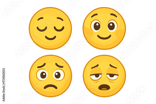 Vector set of emoji faces with various emotions. Peaceful, hopeful, anxious, exhausted icons. Smiley collection for mental health concept, mood, customer feedback. Cartoon emoticons.