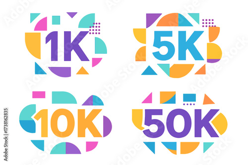 Thank you followers vector set. 1k, 5k, 10k, 50k celebration banners. Geometric design for social media milestones. Subscriber goal achievement post. Colorful abstract numbers.