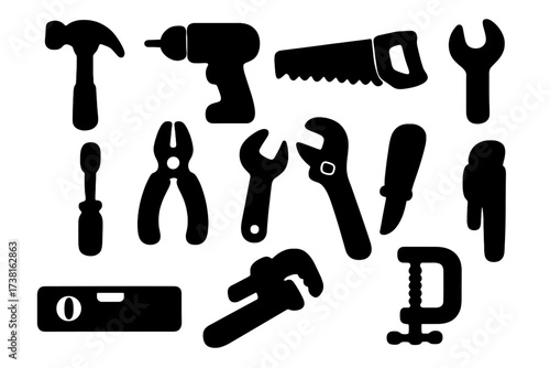 Silhouette icon set of essential construction and repair tools. Vector illustration for handyman, DIY, and building projects. Toolkit with hammer, saw, drill, wrench, pliers.