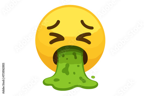 Vomiting emoji vector icon. Sick yellow emoticon with disgusted face pukes green liquid. Concept of illness, nausea, food poisoning, hangover, or repulsion. Isolated illustration.
