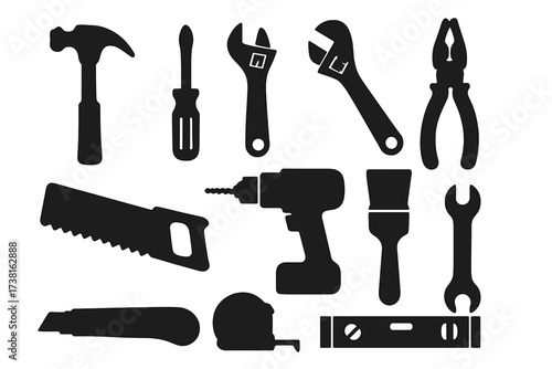 Silhouette icon set of essential construction and repair tools for DIY projects. Vector graphic collection of hardware and workshop equipment like hammer, drill, and wrench.