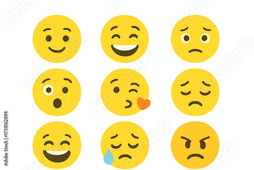 Emoji set with various expressions. Vector cartoon emoticons showing happy, sad, angry, love, surprise feelings. Yellow face flat design icons with a transparent background.