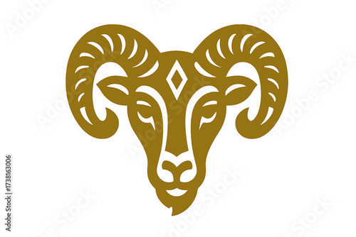 Stylized ram head icon. Golden Aries zodiac sign vector logo. Tribal animal glyph illustration for astrology or horoscope. Symbol of power, strength and wildlife characters.