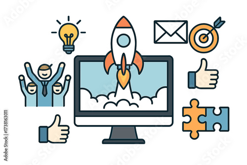 Startup business launch vector icon set. Rocket launching from computer for new project boost. Teamwork success, innovation idea, marketing goal, and strategy solution.