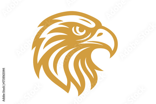 Golden eagle head logo vector icon. Stylized hawk falcon symbol for luxury brand. Tribal animal mascot emblem of power, strength, freedom. Corporate business insignia graphic.