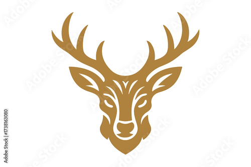 Golden deer head logo vector icon. Stylized stag emblem with large antlers. Luxury buck silhouette for business branding. Noble animal symbol for hunting or premium brand.
