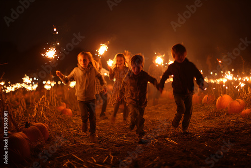 Children sparklers pumpkin patch autumn Guy Fawkes celebration