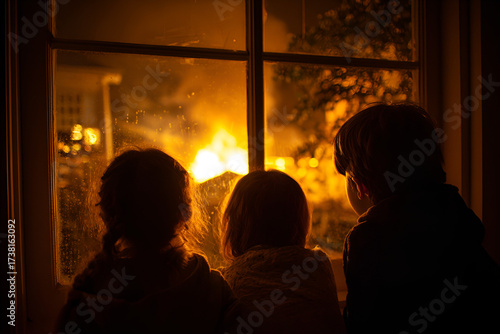 Children watching bonfire window Guy Fawkes celebration