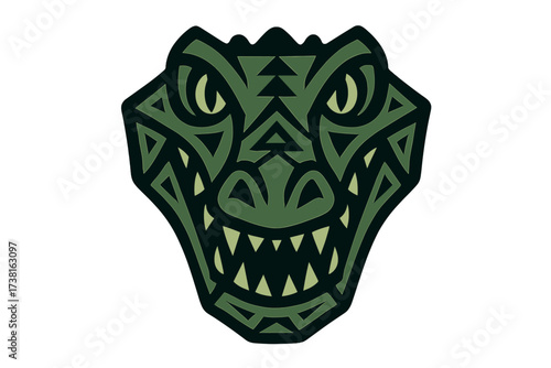 Stylized geometric crocodile head illustration. Vector icon of a tribal gator design. Aggressive reptile mascot for a sports team or brand logo. Wild animal predator symbol.