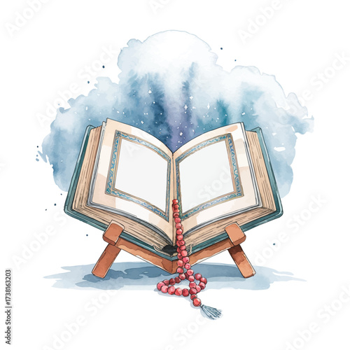 Quran book with prayer beads on stand watercolor illustration, Islamic holy book with rosary beads, religious calligraphy art