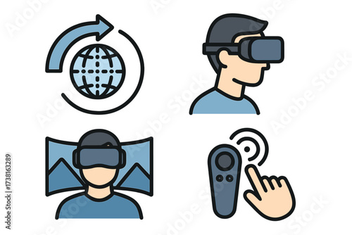 VR technology icons. Man with virtual reality headset, controller, and 360 degree immersive view. Vector cartoon illustration for metaverse and futuristic concepts.