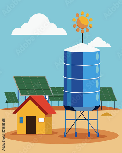 A largescale solarpowered water purifier installed at a refugee camp providing a continuous supply of clean water for those in need.. Vector illustration