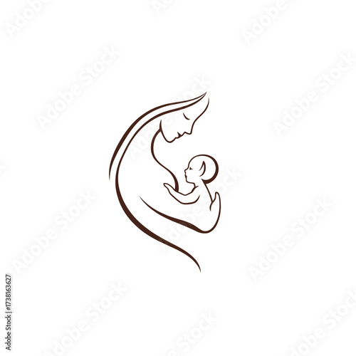 A minimalist line drawing depicts a mother cradling and gazing at her baby.