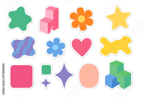 Y2K abstract 3D brutalist shape set, funky groovy flowers, cute minimal sticker kit, colorful geometric stars, wavy and irregular objects, bold pop art elements, retro vibrant forms