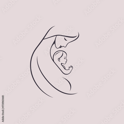 A minimalist line drawing of a mother tenderly holding her baby in her arms, depicting a bond of love and care.