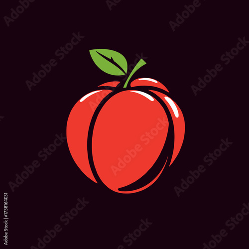 A stylized illustration of a red apple with a green leaf, presented against a dark background.