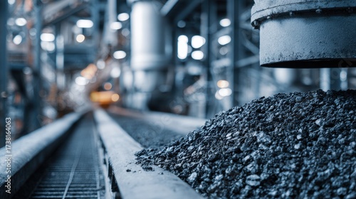Recycle Massive Used Tires. Industrial setting with machinery and a conveyor belt transporting materials.