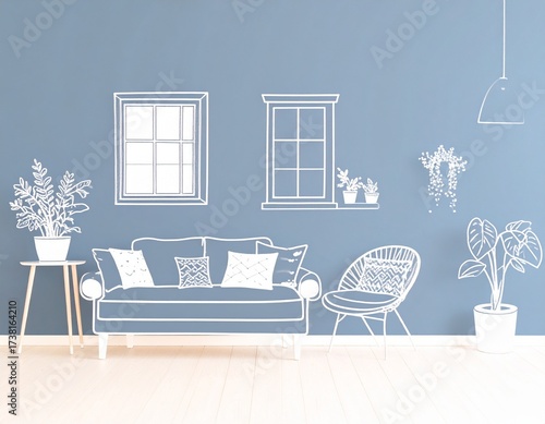 White line-art sketch illustration of a minimalist modern living room interior against a rich navy blue background.