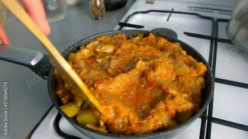 Chef cooking stew mixing vegetable sauce with chicken and potatoes on kitchen. Culinary techniques, homemade preparing healthy meal cook meat vegetables food, organic cuisine from fresh ingredients.