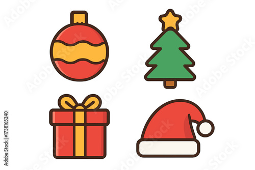 Christmas decoration icons flat style vector set with red gift box, red and yellow bauble, green tree with star topper and Santa hat cartoon illustration collection