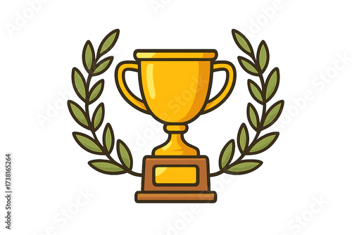 Golden Trophy Icon with Laurel Wreath, Victory Award Cup Vector Illustration, Champion Prize Symbol, Winner Achievement Emblem, Success and Excellence Concept, Transparent Background
