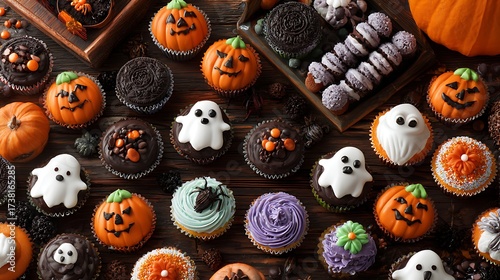 Wooden table spread of Halloween candy and cupcakes shaped like pumpkins bats and little ghosts colorful spooky cute