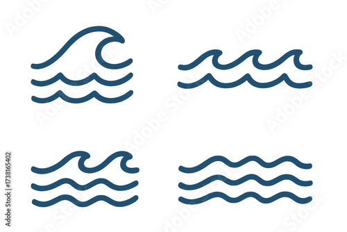 Set of wave icons, line symbols of water, ocean and sea waves, vector cartoon illustrations with transparent background, ordered collection of blue water signs and wave patterns