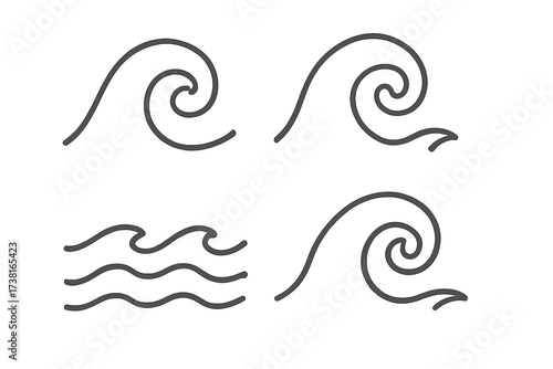 Linear wave icon set. Swirl ocean wave symbols in vector cartoon illustration style with transparent background. Simple water wave shapes collection, sea wave curl, design elements for marine themes.