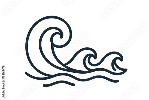 Wave icon and water symbol in linear style, vector cartoon illustration of ocean waves with curls and splashes, transparent background, simple ordered set design