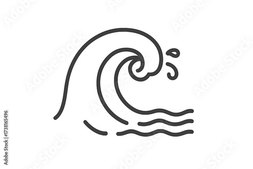 Abstract wave symbol in linear style, swirl water shape illustration, ocean curl vector with splash droplets, modern minimalistic design, transparent background graphic