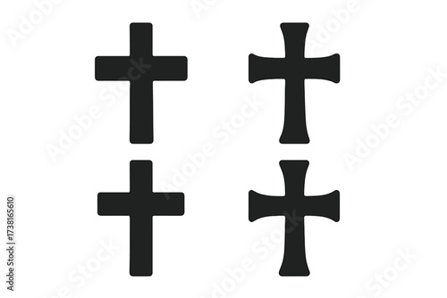 Christian cross silhouette. Religion symbol icon set. Black crucifix shape collection. Catholic, orthodox, protestant sign. Faith, spirit, God, Jesus. Easter graphic element.