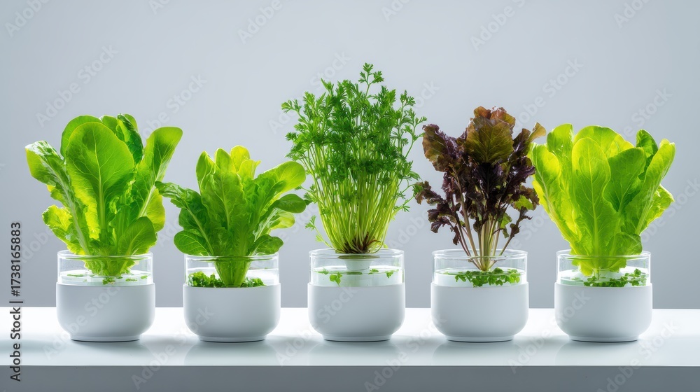 Fototapeta premium Freshly grown greens in stylish pots on a minimalist shelf, showcasing vibrant colors and healthy growth