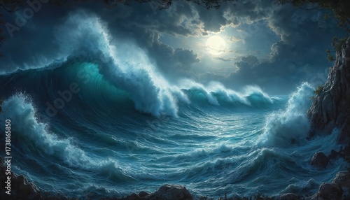 Powerful waves crash on rocky coast under dramatic night sky. Bright full moon shines through dark clouds. Stormy sea shows immense power, with foamy water hitting cliffs. Big blue ocean swells move