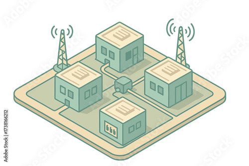 Isometric representation of a connected data network with buildings and communication towers