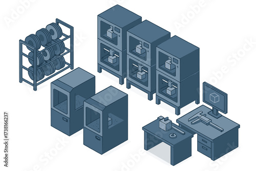 Advanced rapid prototyping setup featuring 3D printers, filament, and precision instruments
