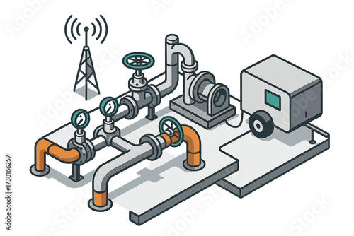 Industrial piping system with gauges, valves, pump, generator, and communication tower