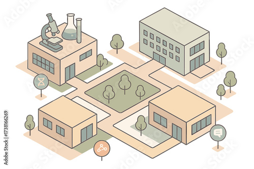 Isometric view of a modern campus with research facilities, office buildings, and green areas