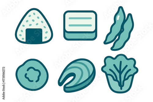 Modern flat design icons featuring traditional Japanese food and fresh healthy ingredients