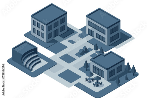 Isometric urban city block layout with modern buildings, roads, and green spaces