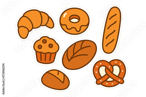 Assortment of freshly baked goods including croissants, donuts, bread, and pretzels
