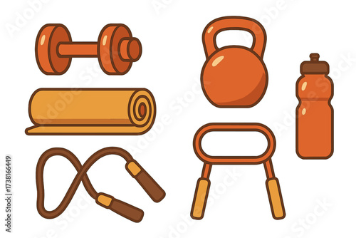 Collection of essential fitness equipment for home workouts and gym training