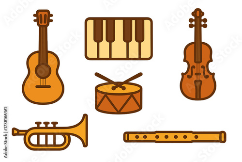 Collection of various musical instruments including guitar, piano, violin, trumpet, drum, and flute