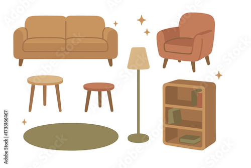 Collection of modern home furniture pieces including sofa, armchair, lamp, and bookshelf