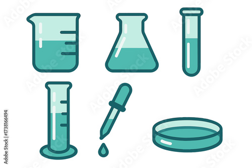 Scientific laboratory equipment set with various glassware for chemical experiments