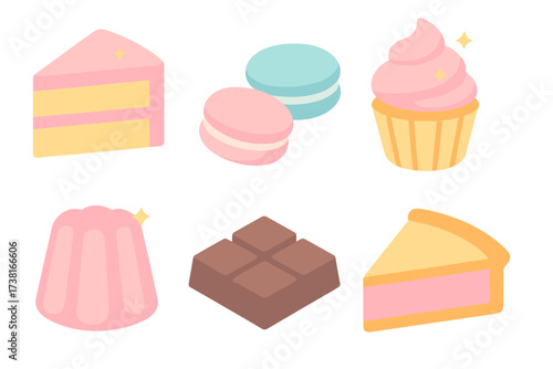 Collection of various sweet desserts including cake, macarons, cupcake, jelly, chocolate, and pie