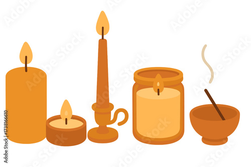 Assortment of glowing candles and aromatic incense for a peaceful and calm atmosphere