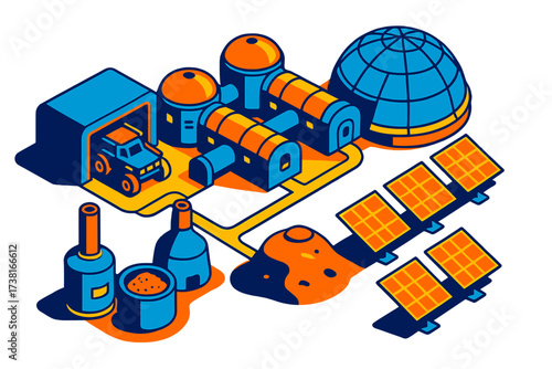 Futuristic space colony with modular buildings, solar panels, and exploration vehicle