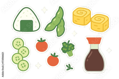 Collection of cute Japanese food and fresh vegetable stickers on white background