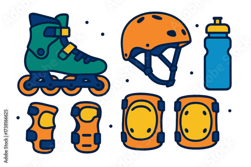 Inline skate and protective gear set with helmet, knee pads, elbow pads, and water bottle